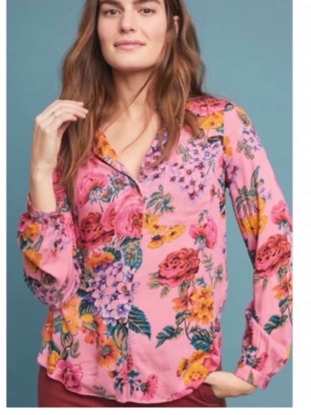 Maeve by Anthropologie Manifold Buttondown Floral Blouse in Pink & Purple